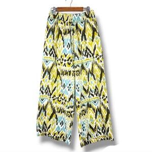 NYC Once & Again Wide Leg Linen Blend Pants Pockets Ethnic Print Pull-On Boho S